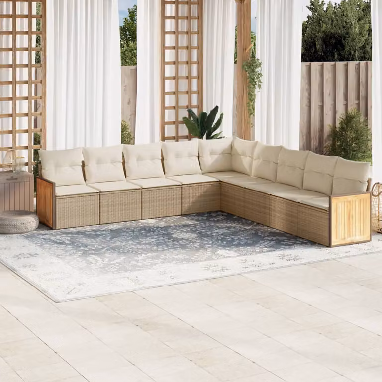 vidaXL Set Divano da Giardino a L 9 pz in Legno di Acacia e Polyrattan con Cuscini Beige e Rivestimenti Rimovibili