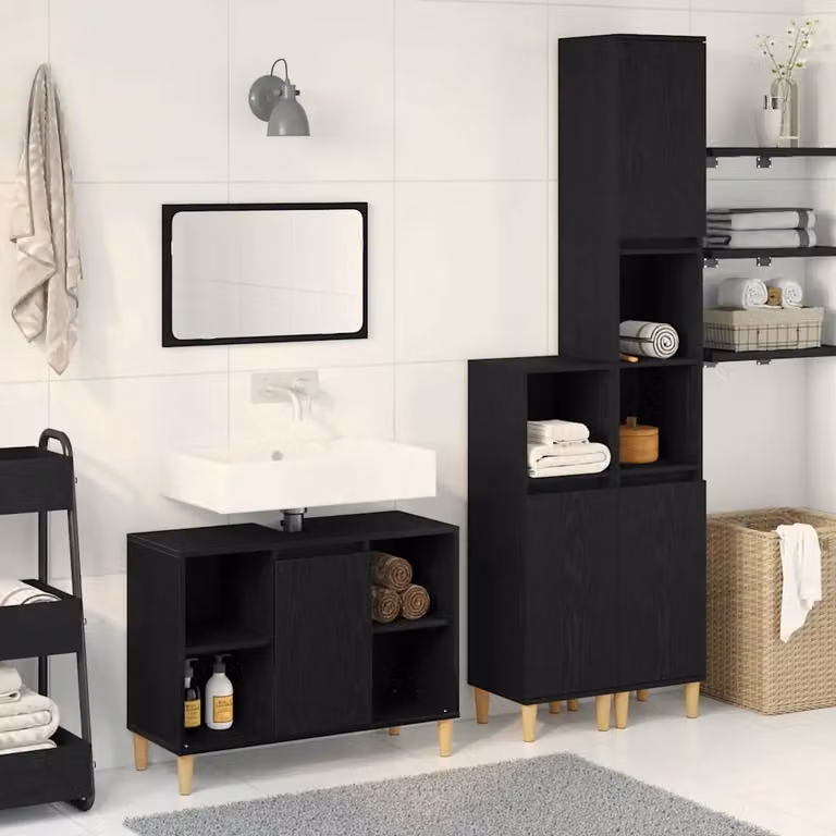 Set di mobili per il bagno moderno vidaXL in 3 pezzi nero opaco L: 80 cm, P: 33 cm, H: 60 cm