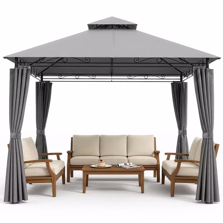 FCH Padiglione da terrazza, padiglione da giardino 3x3 m con doppio tetto e tende, resistente alle intemperie, protezione UV 50+, per feste, terrazze, balconi e giardini, grigio