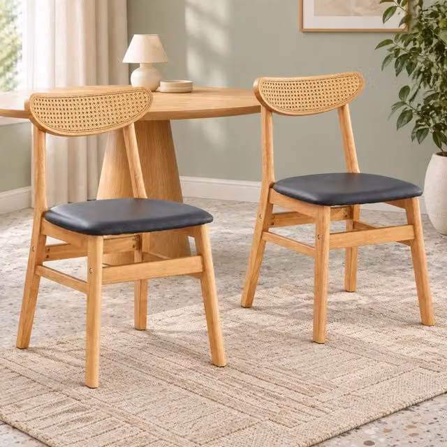 Sedia da pranzo MIVRAY con schienale in rattan e seduta imbottita in similpelle marrone e struttura in legno, H 78,7 x L 43,9 x P 40,6 cm