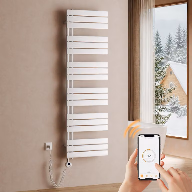 Asciugabiancheria elettrico da parete, dimensioni 1599 x 500 mm, 1000 W, colore bianco, radiatore per bagno con termostato, Wi-Fi, timer programmabile e display LCD – S'AFIELINA