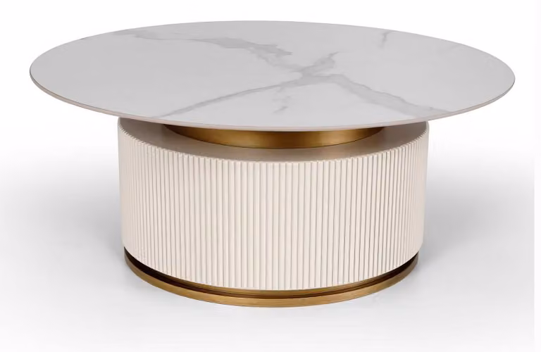 Tavolino da caffè moderno, bianco e oro, design elegante, forma rotonda, aspetto marmo, tavolino di servizio
