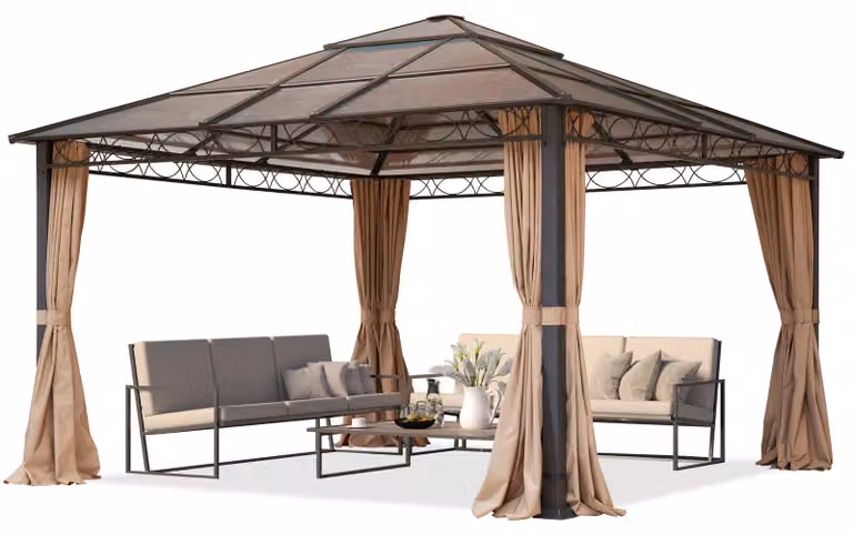 TOOLPORT Gazebo da giardino 4x4 m tetto Hardtop 6 mm policarbonato 4 teli laterali color ocra