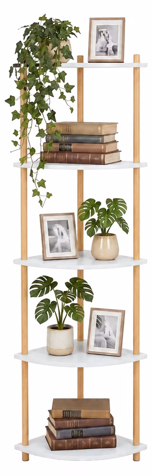 Relaxdays, scaffale angolare, dimensioni: 143,5 x 38 x 25 cm, 5 ripiani, scaffale a terra per soggiorno, MDF, bambù, scaffale angolare, bianco/naturale