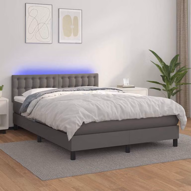 vidaXL Letto con Giroletto a Molle, Materasso Ibrido e Illuminazione LED, Grigio, L/P/H: 140 x 190 x 88 cm