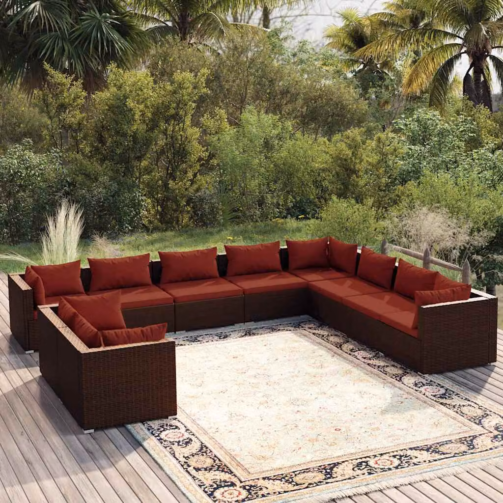 Set di divani da giardino vidaXL a forma di L composto da 10 pezzi con cuscini imbottiti in polyrattan marrone e rosso e struttura in metallo