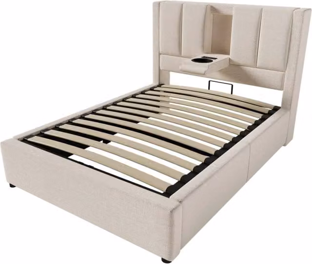 Letto singolo imbottito 90x200 cm beige con porta bicchieri nascosto, stazione di ricarica USB e contenitore con meccanismo idraulico
