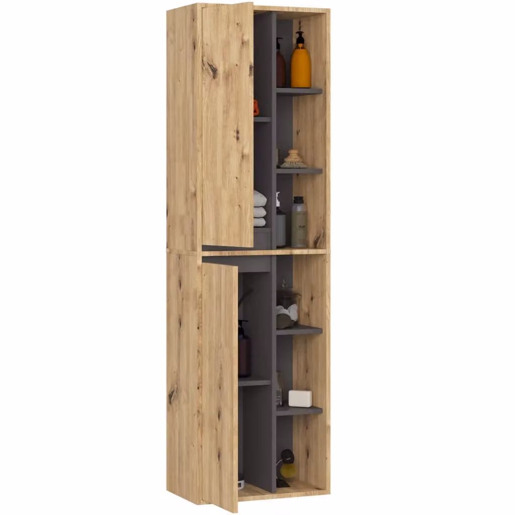 Colonna bagno sospesa VAMI Rovere Artisan Grigio Grafite con 2 ante e ripiani interni L: 50 cm, P: 30 cm, H: 170 cm – 2