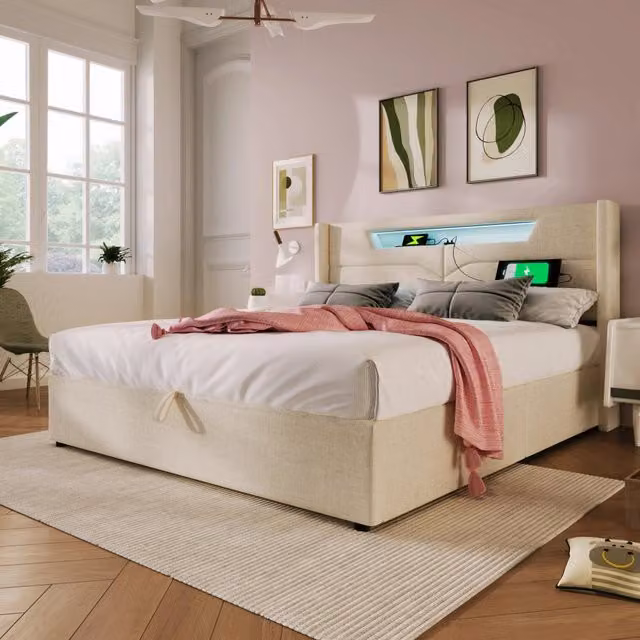 Letto matrimoniale 160x200 contenitore imbottito in lino beige con LED e USB-C