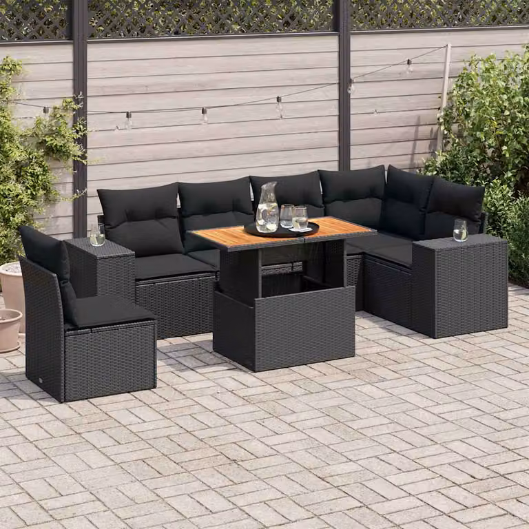 Set da giardino moderno vidaXL composto da 7 pezzi in polyrattan nero con cuscini imbottiti e tavolino da esterno
