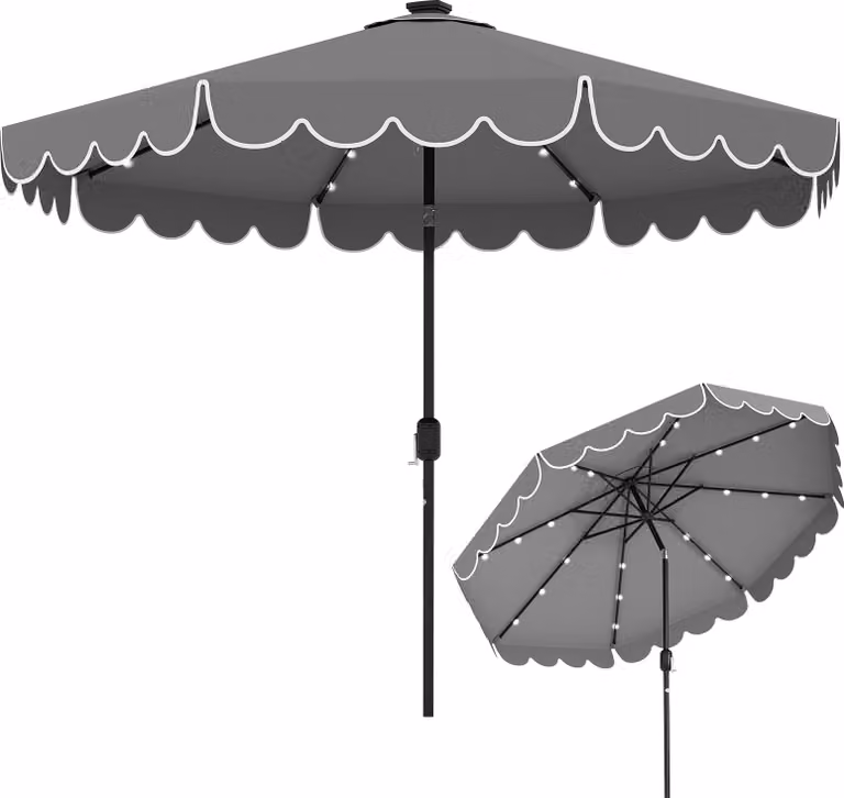 Ombrellone KOMFOTTEU Ø300 cm con 24 luci a LED, ombrellone da terrazza con manovella e balza, ombrellone da giardino inclinabile a 35°, ombrellone da mercato per giardino, terrazza e spiaggia, senza base