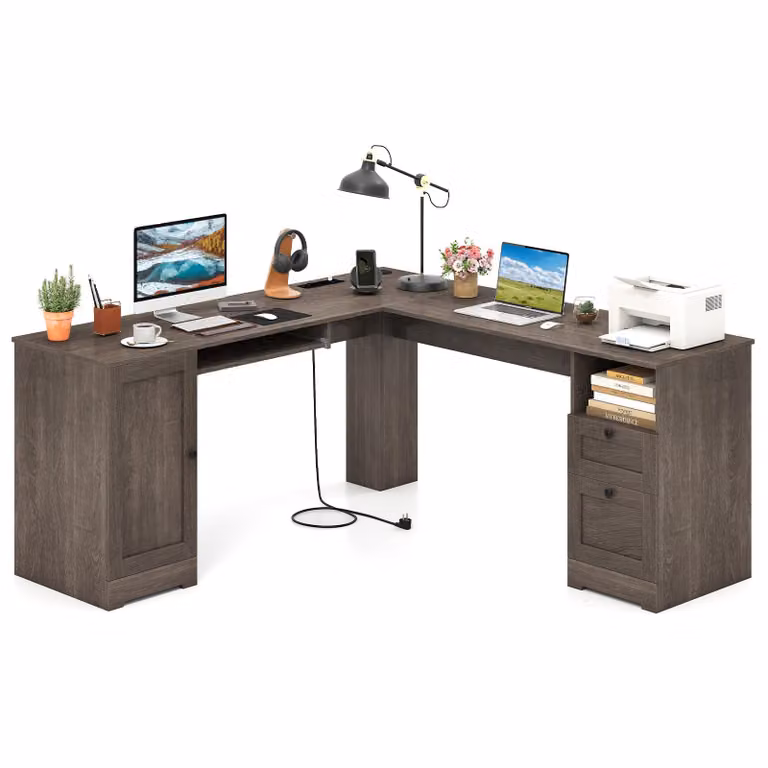 COSTWAY Scrivania a L, scrivania angolare con stazione di ricarica, armadietto e 2 cassetti, scrivania per computer, scrivania per ufficio, 168x168x76cm, grigio