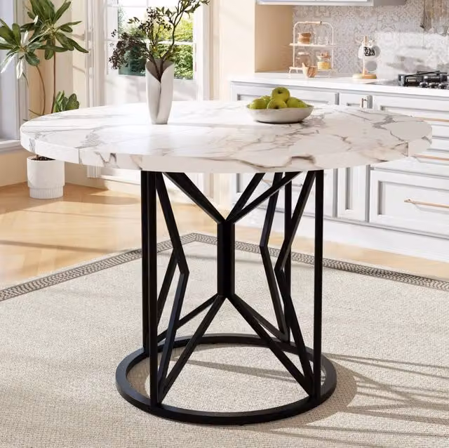 Tavolo da pranzo rotondo ULEVR 100x100x76 cm in MDF effetto marmo con gambe in metallo nero regolabili