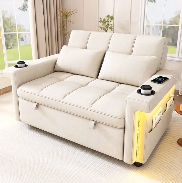 Divano letto 2 posti 145x141;5 cm in ciniglia beige con LED e porte USB/Type-C HOMVRA