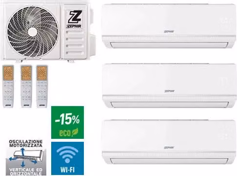Climatizzatore Split Zephir ZTRIO 9+9+12 WiFi Bianco con Controllo via App e Oscillazione A++/A+ 27000 BTU