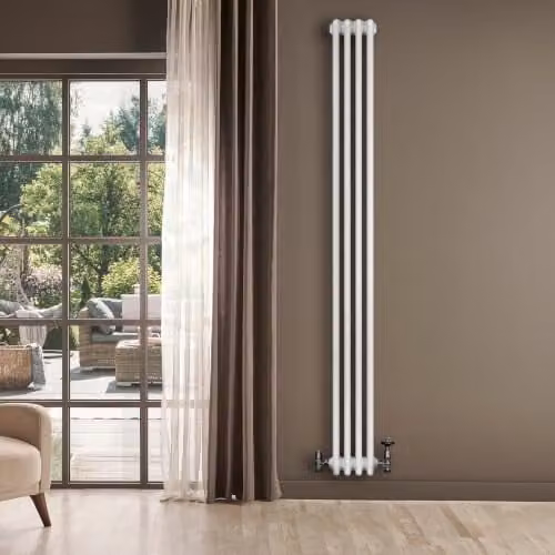Radiatore Tradizionale a 4 Colonne 1800 x 200 mm & Valvole Verticale Acciaio al Carbonio Riscaldamento Centrale Design Classico Bianco con Kit Fissaggio e Spazzola Pulizia