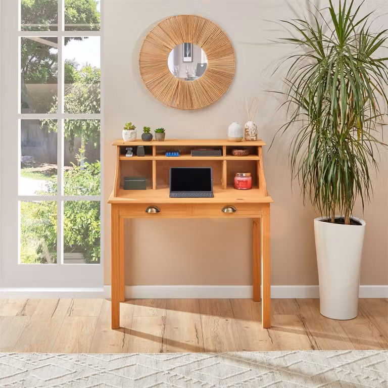 Segretaria MARLENE con 2 cassetti e 6 scomparti, decapata - pratica scrivania con spazio contenitivo in legno massello, stile country