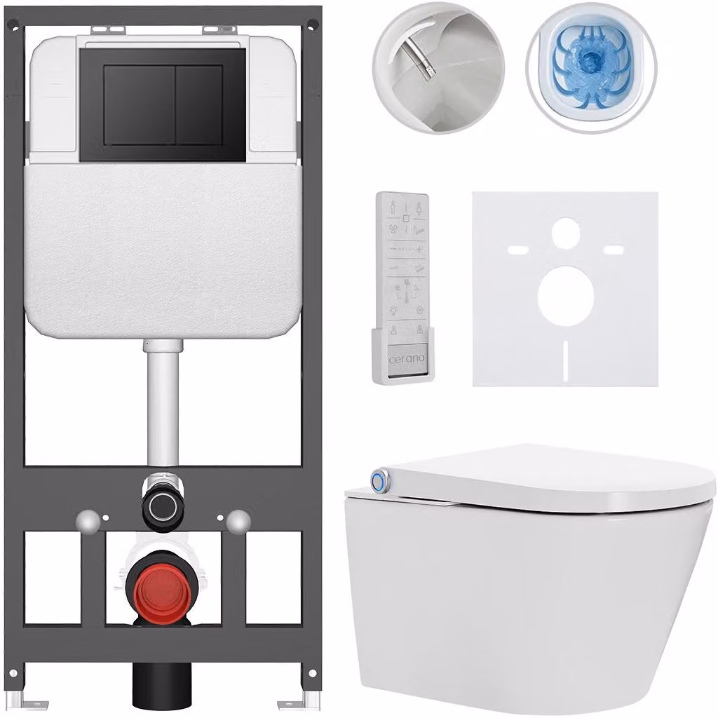CERANO - WC sospeso con bidet Cronus Pro - bianco lucido - pulsante Prime/Maxio, nero - sospeso - installazione a parete/cartongesso - 59,3 x 38,4 cm