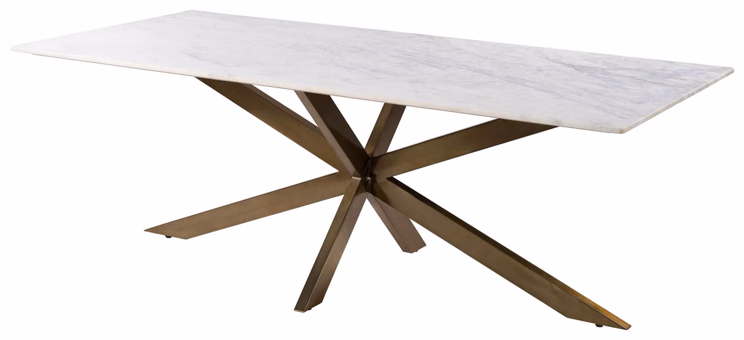 MASSIVMOEBEL24 | Tavolo da pranzo in marmo bianco - gambe incrociate in ferro colore ottone antico 220x100 BARCELONA #303