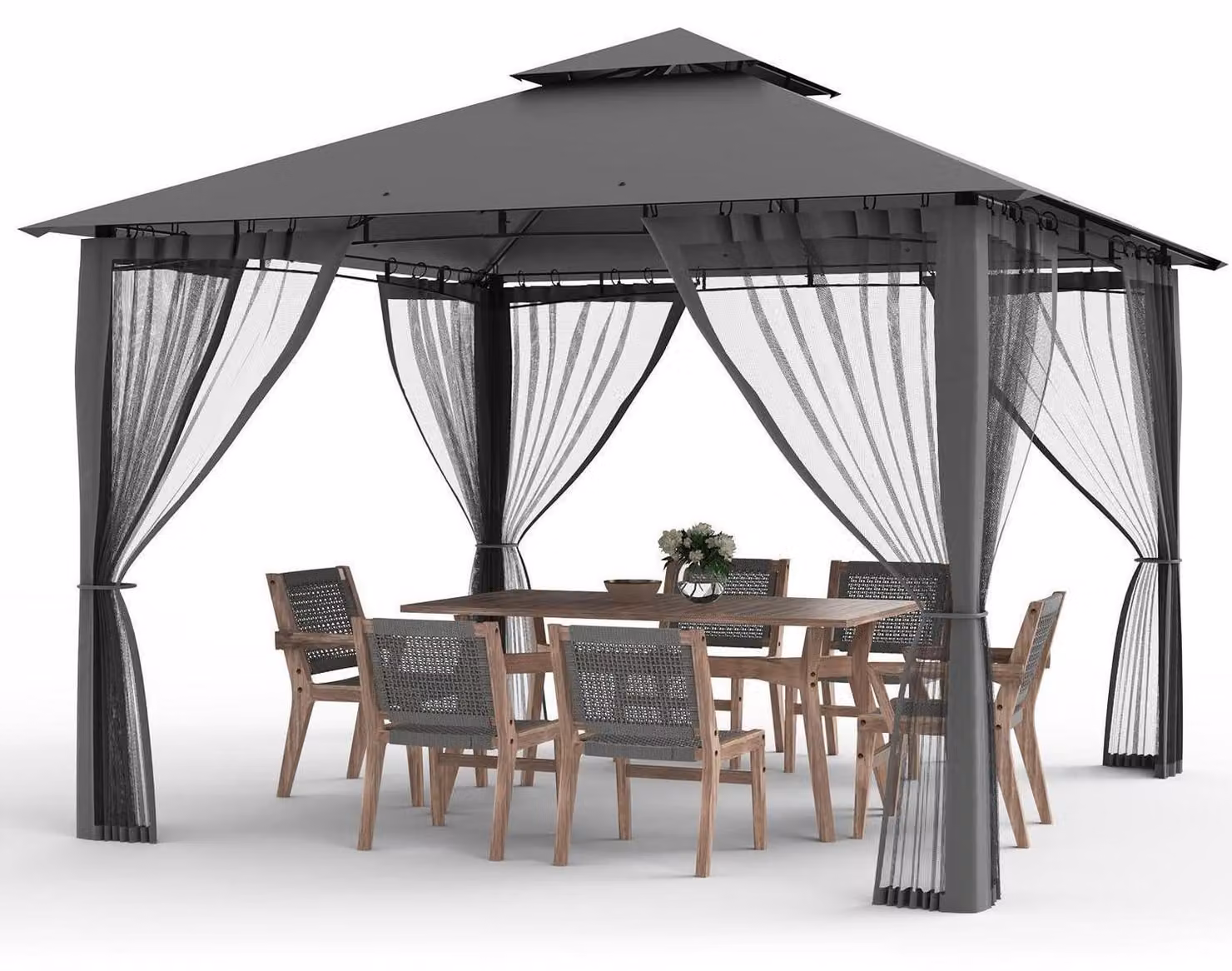 Gazebo da giardino 2.8x2.8m, grigio, con tetto a due falde, impermeabile, zanzariera, struttura in metallo