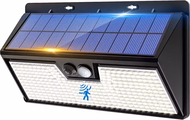 Lampada da parete esterna - 318 LED, luce bianca fredda - Alimentazione a energia solare - Grado di protezione IP65, resistente all'acqua