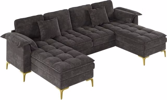 Divano angolare a U modulare 4 posti con rivestimento in ciniglia grigio, cuscini in schiuma a doppio strato, 2 chaise longue e piedi in metallo dorato