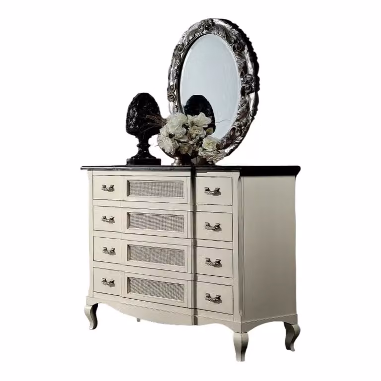 Cassettiera shabby chic in legno e rattan bicolore bianco e marrone Mobili 2G L: 124 cm, P: 55 cm, H: 105 cm