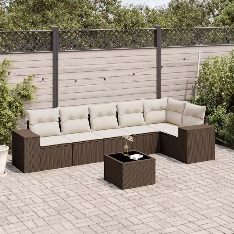 vidaXL Set Divani da Giardino 7 pz a Forma a L con Tavolino da Caffè e Cuscini, Marrone e Bianco