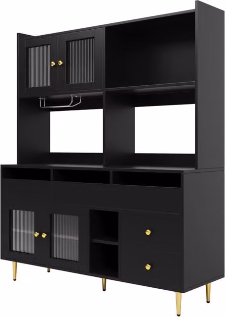 Credenza da pranzo in MDF nero con decorazioni dorate, ante in vetro satinato, 145x39x171 cm, con porta bicchieri e ampio spazio di stoccaggio