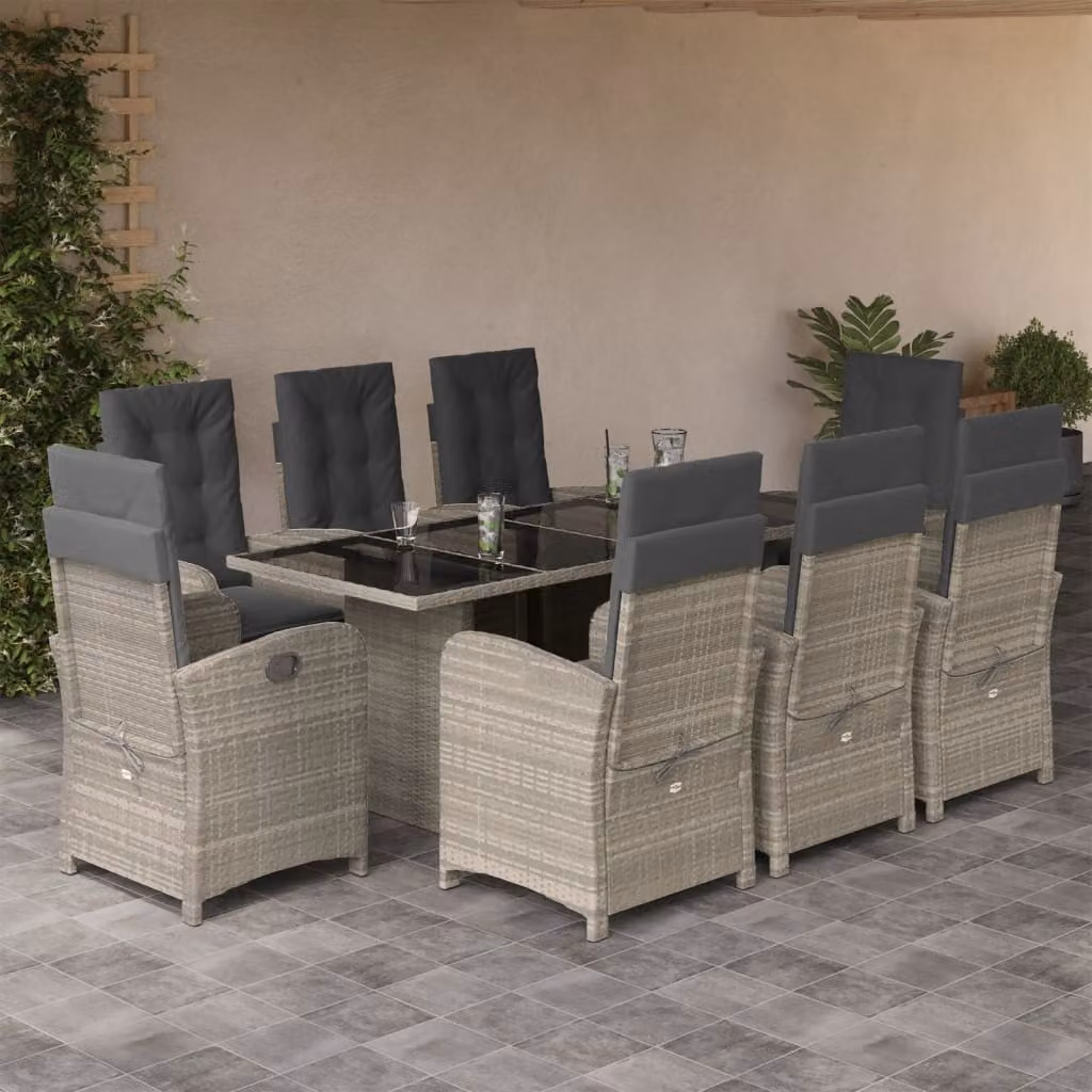 Set Pranzo da Giardino vidaXL in Polyrattan con Cuscini e Tavolo in Vetro, 9 Pezzi, Grigio Antracite – 1