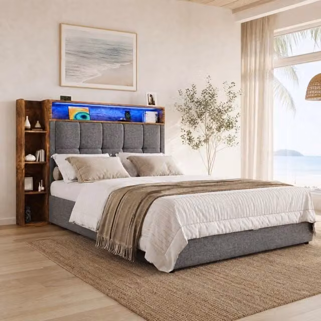 Letto imbottito per materasso 90x200 cm con contenitore idraulico; LED; USB e Type-C; grigio