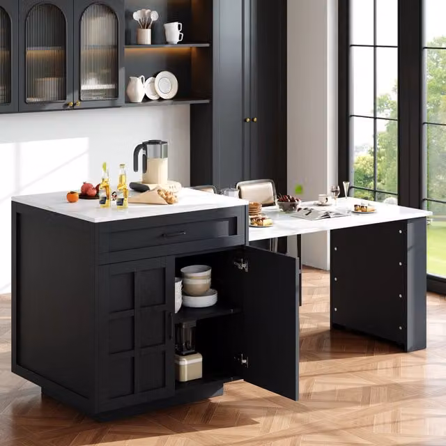 Isola cucina con tavolo estraibile in MDF nero, L x B x H: 133 202 x 70 x 93,5 cm, 2 cassetti e 4 vani