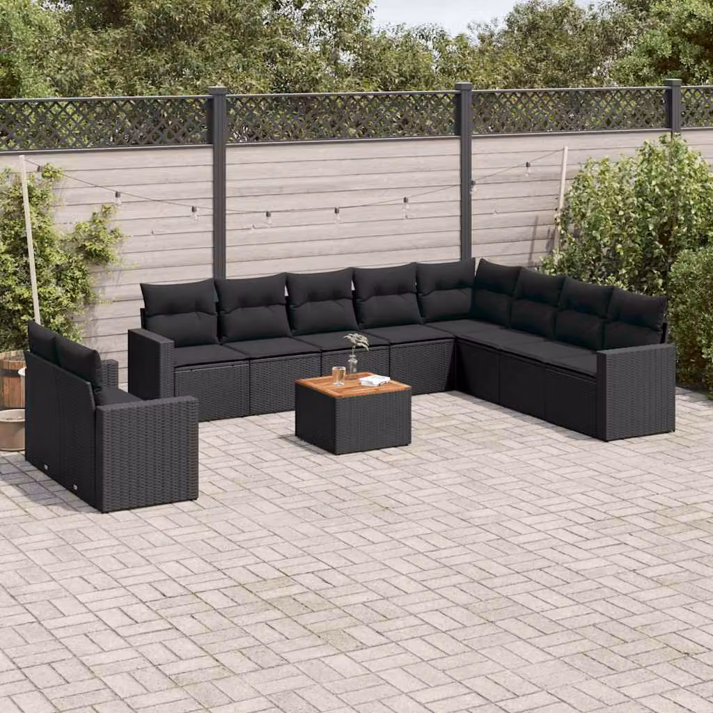 Set di divani da giardino vidaXL 11 pz in polyrattan nero con cuscini e tavolino da esterno a forma di U – 1