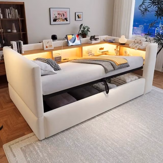 Letto imbottito contenitore singolo ¨C Minimal ¨C Beige 90x190cm con LED