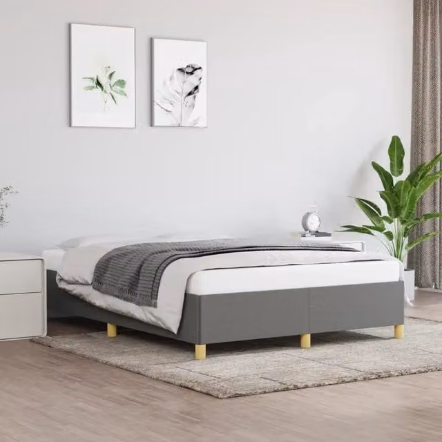 Struttura Letto Giroletto Design Mania in Tessuto Grigio con Doghe in Legno L/P/H: 190 x 140 x 35 cm
