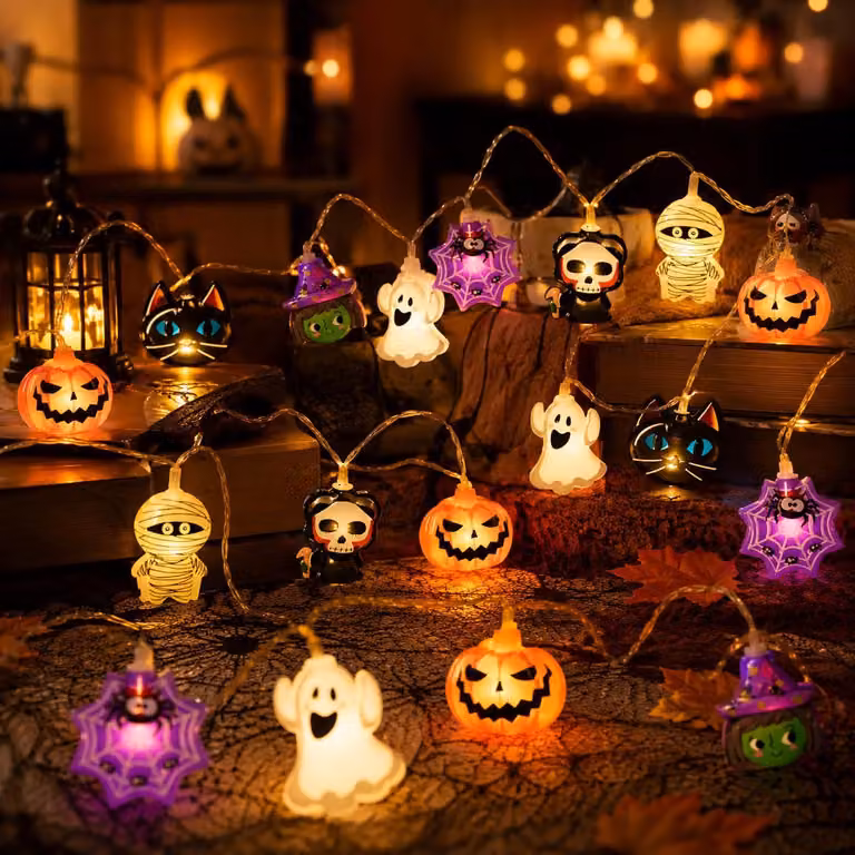 Catena luminosa a tema Halloween, 3 metri, 20 LED, con motivi di zucca, scheletro e gatto nero