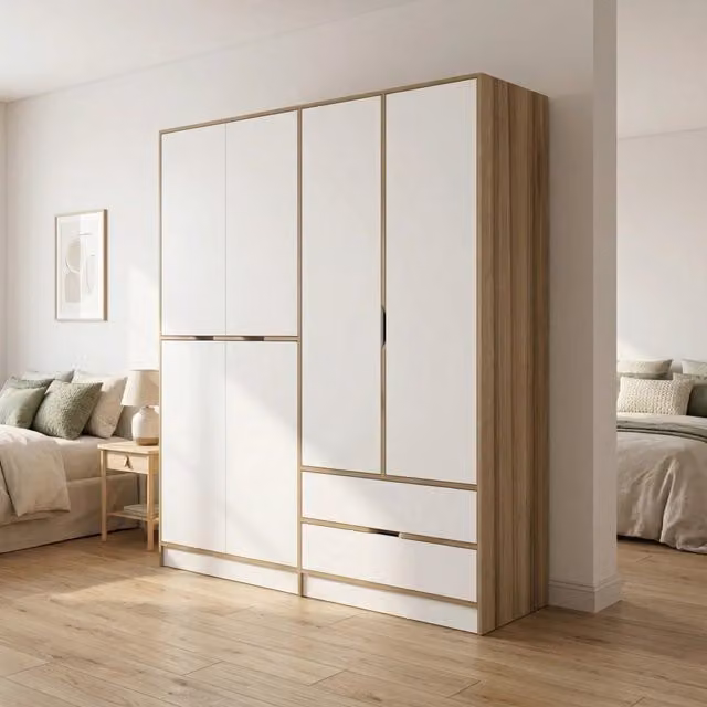 Armadio da camera da letto Odalys DMORA con ante a battente e cassetti integrati, Bianco e Marrone, L: 185 cm, H: 208 cm – 1