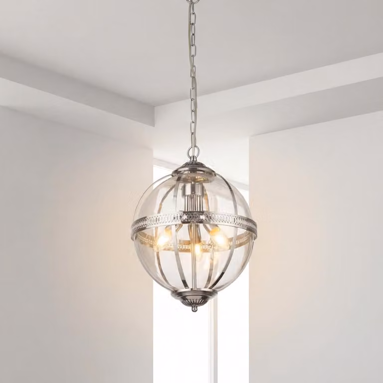 Lampada a sospensione vetro metallo E14 rotonda P: 32 cm H: max. 120 cm cromo paralume sferico a 3 luci Art Nouveau
