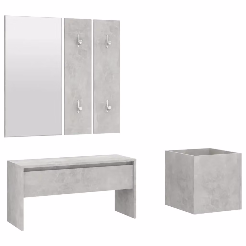 Set di mobili da corridoio moderno vidaXL in legno e plastica, colore grigio, composto da panca, specchio, pannello e appendiabiti con ganci – 2