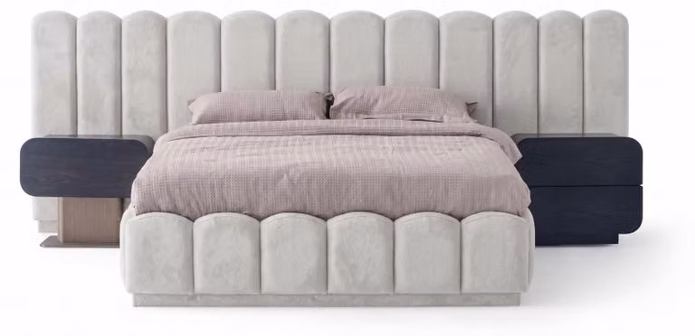 Letto matrimoniale moderno beige, elegante, imbottito. Letto imbottito