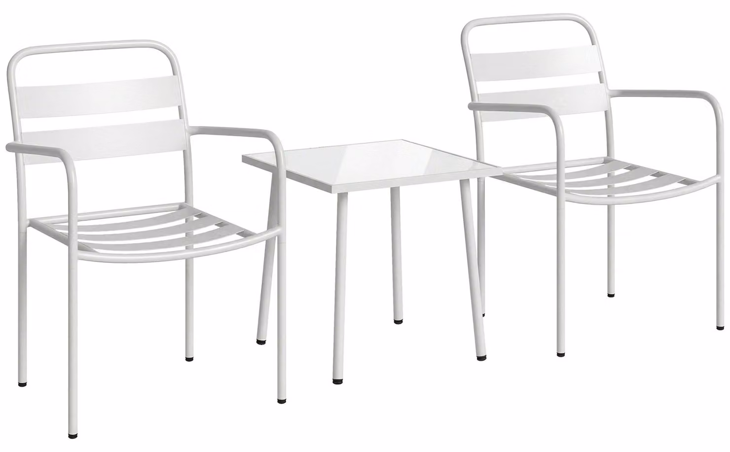 Set da bistrot composto da 3 elementi: 2 sedie e un tavolo in vetro. Colore: bianco. Dimensioni: 55x58x82 cm