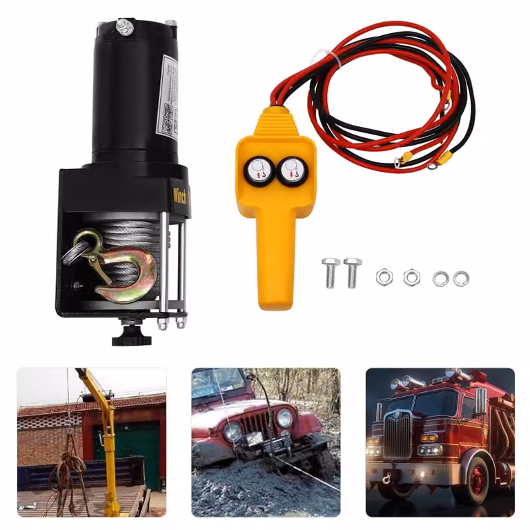 Verricello elettrico - 12 V CC - Forza di trazione 1360 kg - Telecomando con cavo - Set completo - Nero