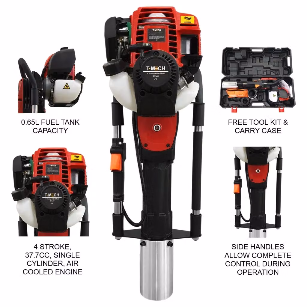 Battipalo T-MECH con motore a benzina a 4 tempi e 4 accessori per fissare pali, paletti e staccionate, colori nero e rosso – 2
