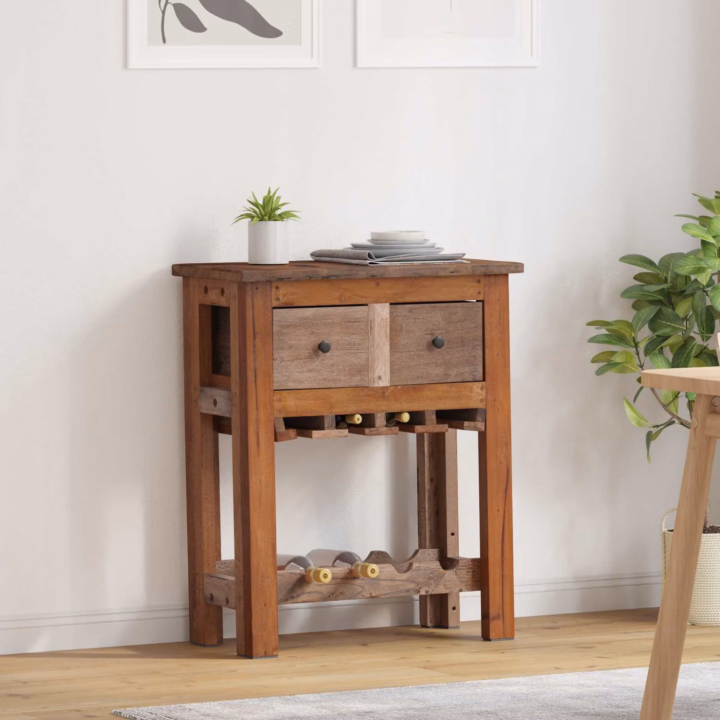 Armadietto rustico vidaXL in legno massello marrone con ripiani interni e portabottiglie L/P/H: 60 x 30 x 70 cm