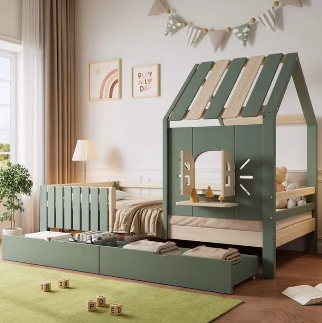 Letto per bambini 90x200 cm con tetto; finestra e 2 cassetti in legno e MDF verde e colore naturale