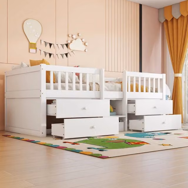 Letto a soppalco 90x200 cm con 4 cassetti; scala e barriera di sicurezza