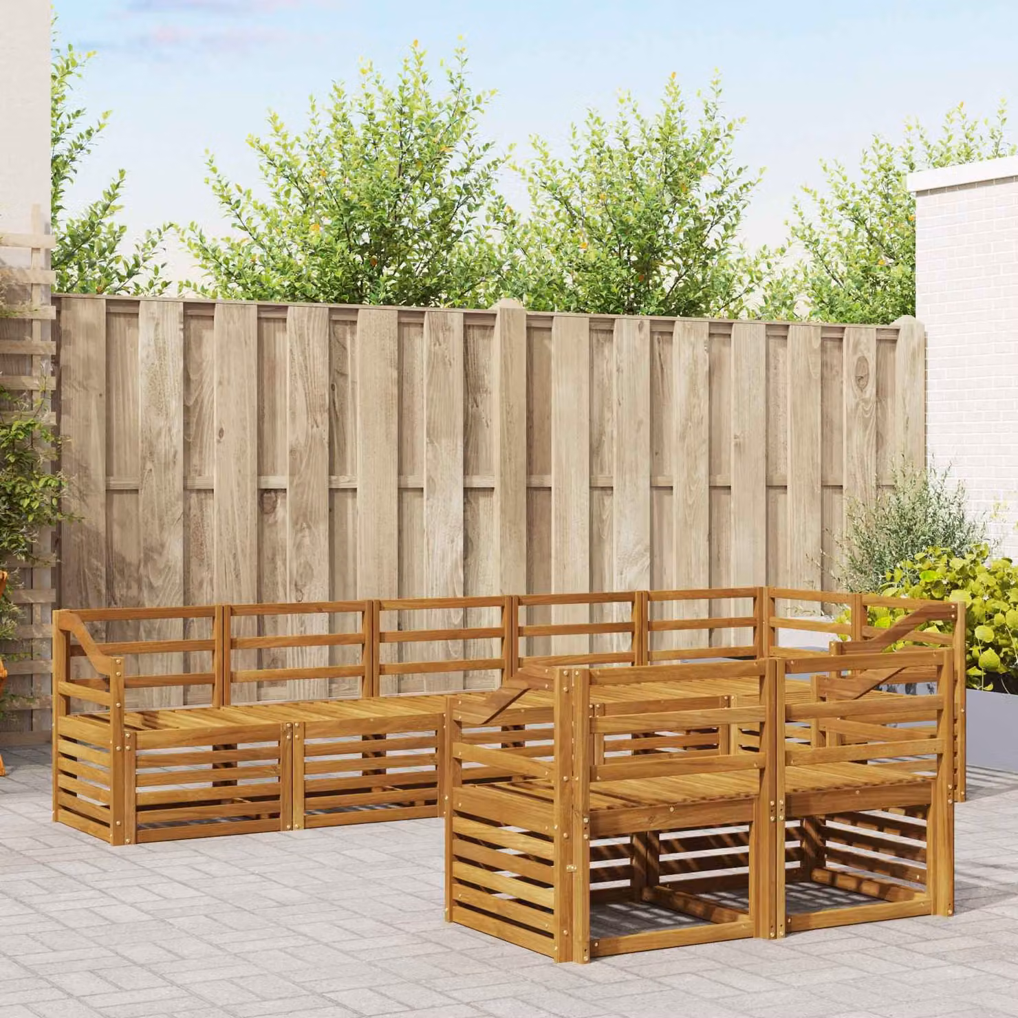 Set di divani da esterno a L vidaXL in legno di acacia con 8 cuscini beige e bianco