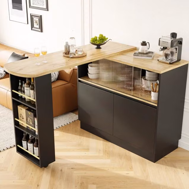 Mobile bar girevole 360° in MDF nero con ante in vetro