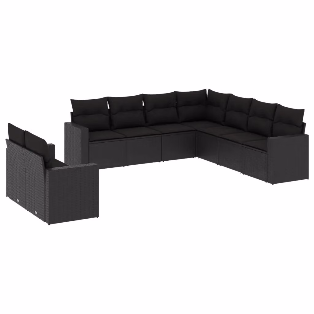 vidaXL Set Divani da Giardino 9 pz a Forma a U in Polyrattan Nero con Cuscini – 2