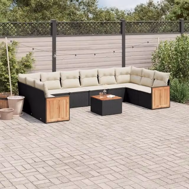 Set da giardino moderno vidaXL composto da 11 pezzi in polyrattan nero con cuscini imbottiti e tavolino da esterno – 1